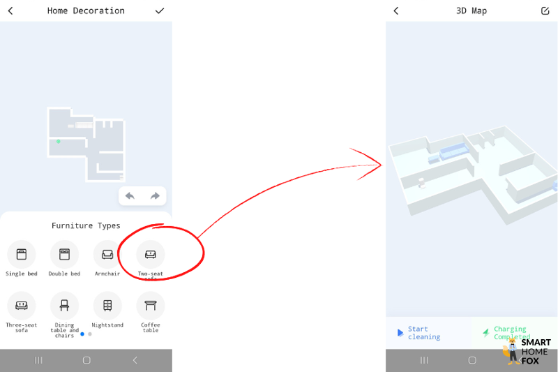 Предметы мебели размещаются на 3D-карте Dreame L10s Ultra методом перетаскивания.